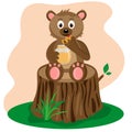 teddy bear sits on a stump and eats honey